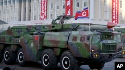 FILE - A missile is paraded in Pyongyang, North Korea, during the 70th anniversary celebrations of its ruling party's creation, Oct. 10, 2015.