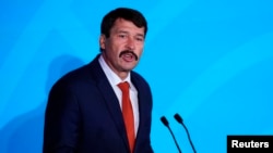 FILE - Hungary's President Janos Ader speaks at the U.N. headquarters in New York City, New York, Sept. 23, 2019. 