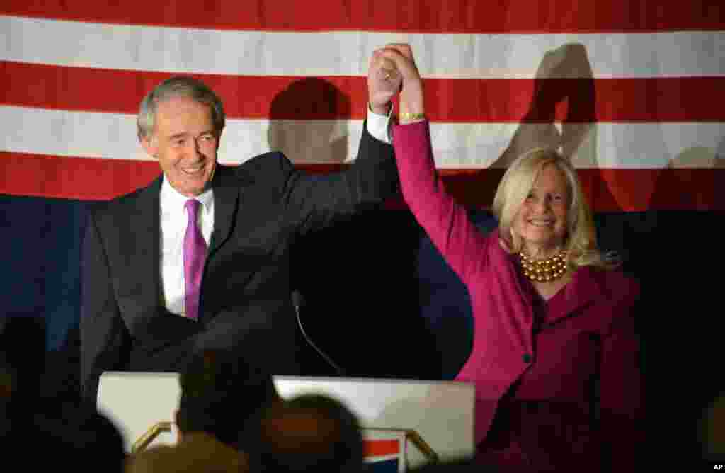 U.S. Sen. Ed Markey, D-Mass., and his wife Dr. Susan Blumenthal celebrate his re-election over Republican Brian Herr, Nov. 4, 2014 in Boston.