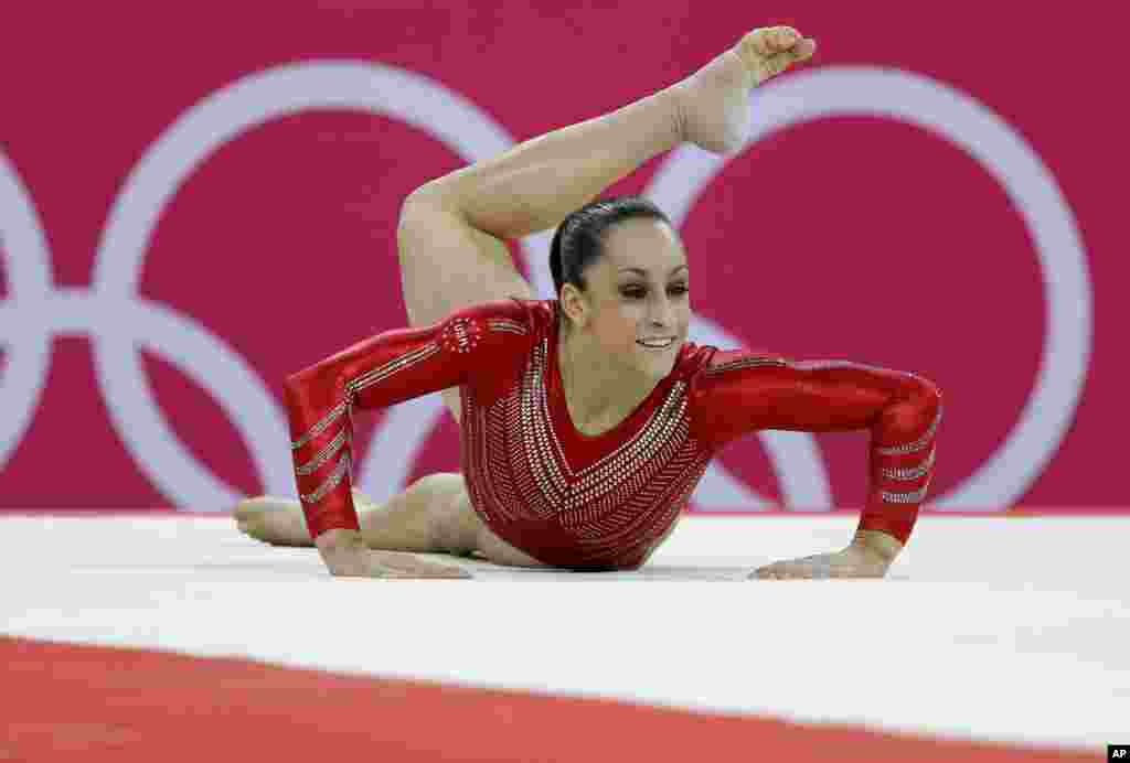 U.S. gymnast Jordyn Wieber performs on the floor during the Artistic Gymnastics women's team final at the 2012 Summer Olympics, July 31, 2012, in London.