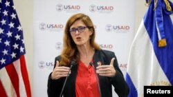 Samantha Power, administradora de la Agencia de Estados Unidos para el Desarrollo Internacional (USAID), pronuncia un discurso durante una visita a El Salvador en la Universidad Centroamericana en San Salvador, El Salvador, el 14 de junio de 2021.