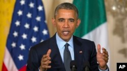 President Barack Obama speaks during a joint news conference with Italian Prime Minister Matteo Renzi in the East Room of the White House in Washington, April 17, 2015.