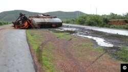 This truck crashed on July 12, 2012 in the evening, spilling its contents, industrial oil, into a nearby river in Zamfara State, Nigeria, a region already reeling from the worst lead poisoning outbreak in modern history. (Photo courtesy Ivan Gayton)