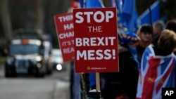 Pro-European demonstrators protest outside parliament in London, Jan. 11, 2019. Britain's Prime Minister Theresa May is struggling to win support for her Brexit deal in Parliament.