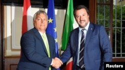 Italian Interior Minister Matteo Salvini meets with Hungarian Prime Minister Viktor Orban in Milan, Italy, Aug. 28, 2018.