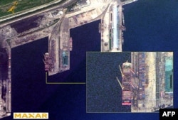 South Korea's National Intelligence Service provided this photo on Oct. 18, 2024, showing an undated satellite image by Maxar Technologies of what NIS says is the Russian vessel Angara loaded with North Korean weapons, departing from Rajin Port in Rason, North Korea.