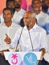 Maldives' President Mohamed Muizzu speaks at a rally to celebrate the victory in the parliamentary elections, in Male, Maldives, on April 22, 2024.