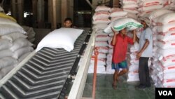 Workers carry bags of rice in Tien Giang. Vietnam could become the world's biggest rice exporter.