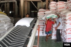 Workers carry bags of rice off a conveyor belt to stack in trucks, Tien Giang, Vietnam, September 14, 2012. (D. Schearf/VOA)