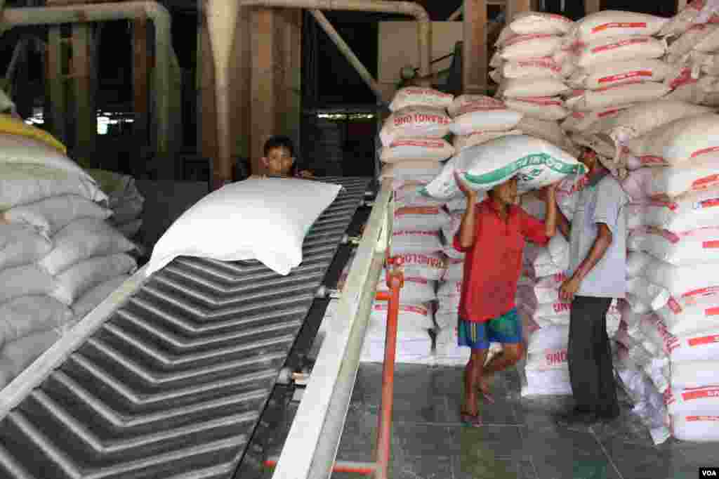 Workers carry bags of rice off a conveyor belt to stak in trucks, Tien Giang, Vietnam, September 14, 2012. (D. Schearf/VOA)