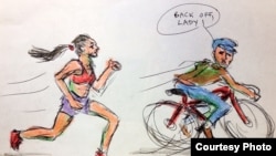 描繪馬拉松健將追拿偷車賊的漫畫（作者:Brent Tolbert-Smith）