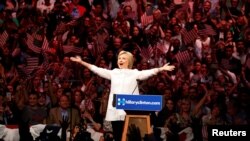 Democratic U.S. presidential candidate Hillary Clinton arrives to speak during her California primary night rally held in the Brooklyn borough of New York, June 7, 2016.