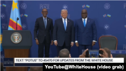 资料照片：美国总统特朗普、卢旺达总统卡加梅(左)和刚果民主共和国总统齐塞克迪在华盛顿参加协议签署仪式后合影。(2025年12月4日)