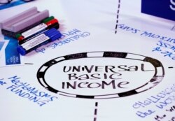 Universal Basic Income (UBI) s written on a table during a session at the World Economic Forum (WEF) annual meeting in Davos, Switzerland January 23, 2018 REUTERS/Denis Balibouse
