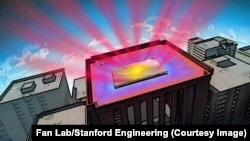 Ilustrasi ini menunjukkan panel yang memantulkan cahaya matahari (warna kuning) yang bisa membuat gedung panas. Panel tersebut kemudian mengirimkan panas dari dalam gedung ke ruang angkasa sebagai radiasi infra merah (warna merah). 