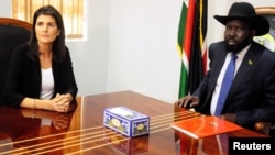 South Sudan President Salva Kiir meets U.S. Ambassador to the United Nations Nikki Haley in Juba, South Sudan, Oct. 25, 2017.