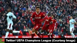 Salah, Firmino et Mané jubilent en course après la victoire 4-1 de leur équipe, le Liverpool, contre West Ham en Premier League, 24 février 2018. (Twitter/ UEFA Champions League‏ )