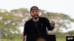 Salvadoran President Nayib Bukele gestures as he delivers his speech during the inauguration of a plan to combat a flying locust plague in San Nicolas Lempa, San Vicente, El Salvador on July 18, 2020. - The President of El Salvador, Nayib Bukele, ordered…