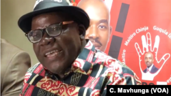 Tendai Biti, the head of the People’s Democratic Party speaking to reporters in Harare, July 14, 2018, has fled to neighboring Zambia seeking asylum.