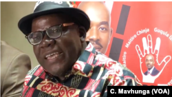 Tendai Biti, the head of the People’s Democratic Party speaking to reporters in Harare, July 14, 2018, has fled to neighboring Zambia seeking asylum.