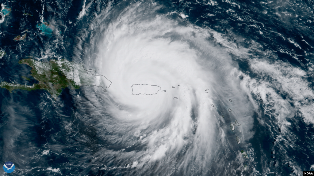 The center of Hurricane Maria approaches the northern coast of Puerto Rico in this image captured by NOAA&#39;s GOES-16.