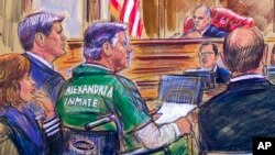 This courtroom sketch depicts former Trump campaign chairman Paul Manafort, center in a wheelchair, during his sentencing hearing in federal court before Judge T.S. Ellis III in Alexandria, Va., March 7, 2019.