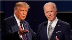 資料合成照片:特朗普總統和拜登副總統在克利夫蘭進行的第一場總統辯論。 (2020年9月29日)