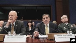 From left, Director of National Intelligence James Clapper, CIA Director Leon Panetta, and Lt. Gen. Ronald Burgess, head of the Defense Intelligence Agency, testify on Capitol Hill in Washington, Feb 10, 2011
