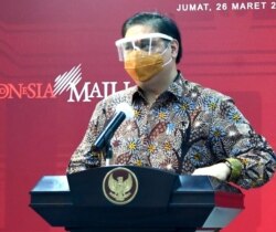 Menko Perekonomian Airlangga Hartarto di Istana Kepresidenan , Jakarta, Jumat, 26 Maret 2021 mengatakan jumlah provinsi di Indonesia yang melakukan PPKM Mikro akan diperluas (biro setpres).
