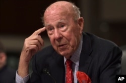 Former U.S. secretary of state George Shultz speaks during the Senate Armed Services Committee hearing on Capitol Hill in Washington, Jan. 25, 2018, on global challenges and U.S. national security strategy.