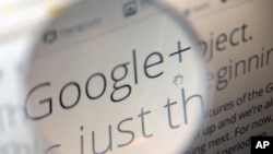 FILE - A computer monitor displays information about Google+ service, seen through a magnifying glass