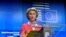 European Commission President Ursula von der Leyen addresses the media on the second day of a European Union leaders summit at the Europa building in Brussels, Belgium, Oct. 2, 2020.