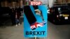 Placards placed by anti-Brexit supporters stand opposite the Houses of Parliament in London, March 18, 2019.