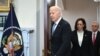 US President Joe Biden, Vice President Kamala Harris, and Attorney General Merrick Garland arrive in the Roosevelt Room of the White House in Washington, DC, on July 14, 2024.