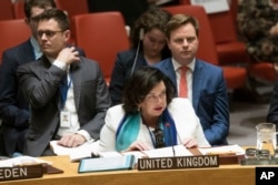 British Ambassador to the United Nations Karen Pierce speaks during a Security Council meeting on Iran's compliance with the 2015 nuclear agreement, Dec. 12, 2018, at United Nations headquarters.