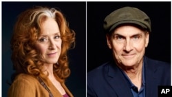 FILE - In this combination photo, singer Bonnie Raitt, left, appears in New York, March 7, 2016 and singer James Taylor poses in New York , May 13, 2015. 