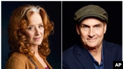 FILE - In this combination photo, singer Bonnie Raitt, left, appears in New York, March 7, 2016 and singer James Taylor poses in New York , May 13, 2015.