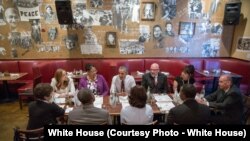 President Barack Obama meets for lunch with former prisoners who had their sentences reduced at Busboys and Poets in Washington, D.C., March 30, 2016. (White House Photo by Pete Souza)