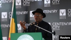 FILE - Nigeria's President Goodluck Jonathan speaks during the groundbreaking ceremony of the Centenary City project in Abuja, June 24, 2014.