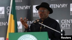 FILE - Nigeria's President Goodluck Jonathan speaks in Abuja, June 24, 2014.