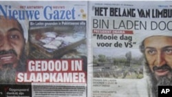 A composite of Belgian front pages shows Osama Bin Laden and U.S. President Barack Obama on Tuesday, May 3, 2011. Headlines read clockwise from bottom left, 'Obama nabs Osama', 'Killed in his bedroom', 'Bin Laden is dead, a beautiful day for the United St