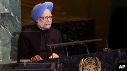 Prime Minister of India Manmohan Singh speaks at the 66th United Nations General Assembly at U.N. headquarters, September 24, 2011.
