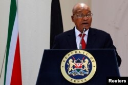 South African president Jacob Zuma said his government will continue to subsidize university costs for the poorest students. He spoke at a joint news conference with Kenyan president Uhuru Kenyatta, in Nairobi, Kenya, October 11, 2016.