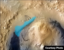 This illustration depicts a concept for the possible extent of an ancient lake inside Gale Crater. The existence of a lake there billions of years ago was confirmed from examination of mudstone in the crater's Yellowknife Bay area. (Credit: NASA)