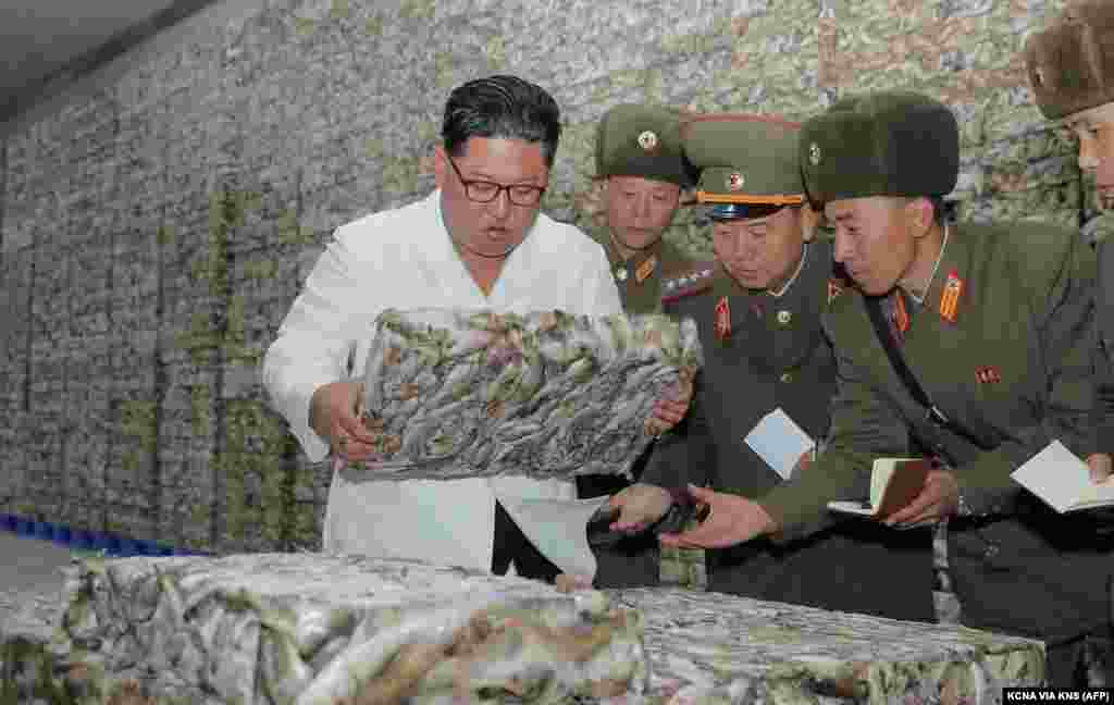 This undated picture released from North Korea&#39;s official Korean Central News Agency (KCNA) shows North Korean leader Kim Jong Un (L) visiting a fishery station at an undisclosed location.