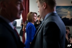 Speaker of the House Nancy Pelosi, D-Calif., speaks to reporters as she departs after meeting with all the House Democrats, many calling for impeachment proceedings against President Donald Trump after his latest defiance of Congress by blocking his former White House lawyer from testifying yesterday, at the Capitol in Washington, May 22, 2019.