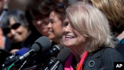 Plaintiff Edith Windsor of New York, speaks to reporters in Washington, March 27, 2013