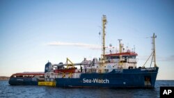 The Sea-Watch rescue ship waits off the coast of Malta, Jan. 8, 2018.