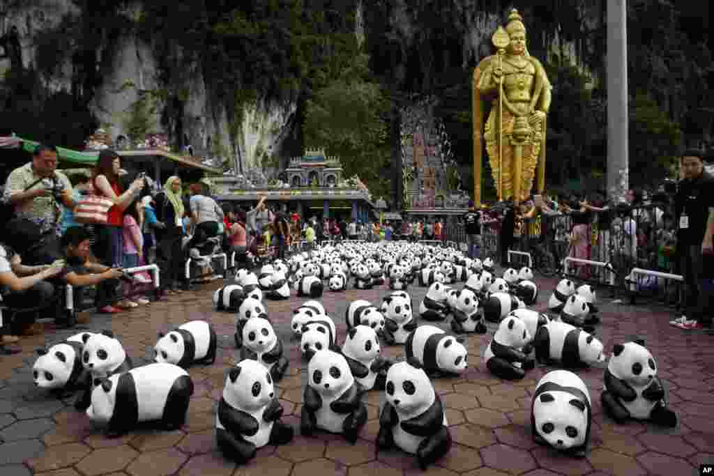 Paper pandas, created by French artist Paulo Grangeon, are displayed in front of a giant statue of Lord Murugan during the month-long "1600 Pandas World Tour" at Batu Caves in Kuala Lumpur, Malaysia.