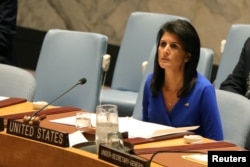 U.S. Ambassador to the United Nations Nikki Haley sits during a meeting at the Security Council on Syria at the U.N. headquarters in New York City, April 5, 2017.